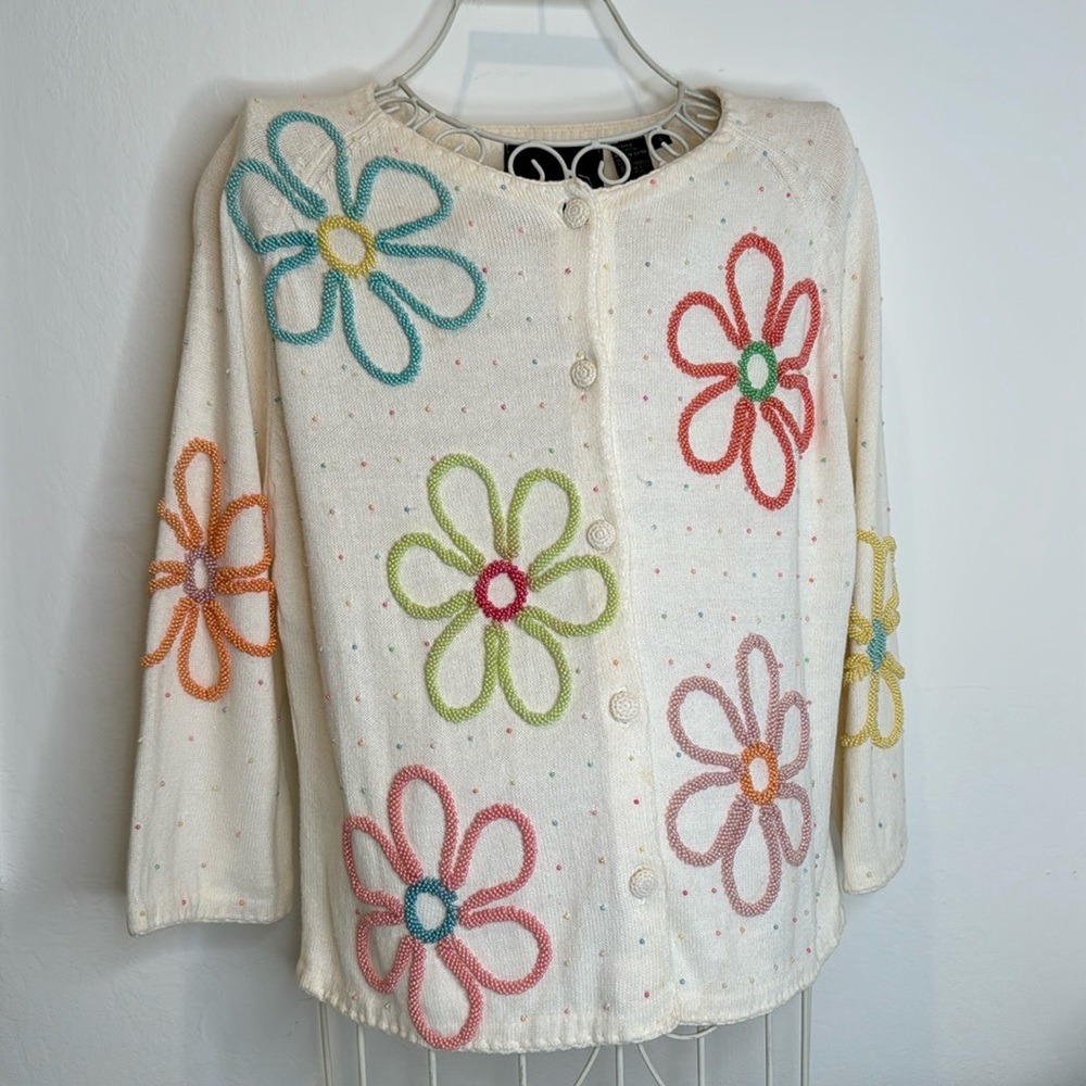 Michael Simon pastel beads floral white sweater